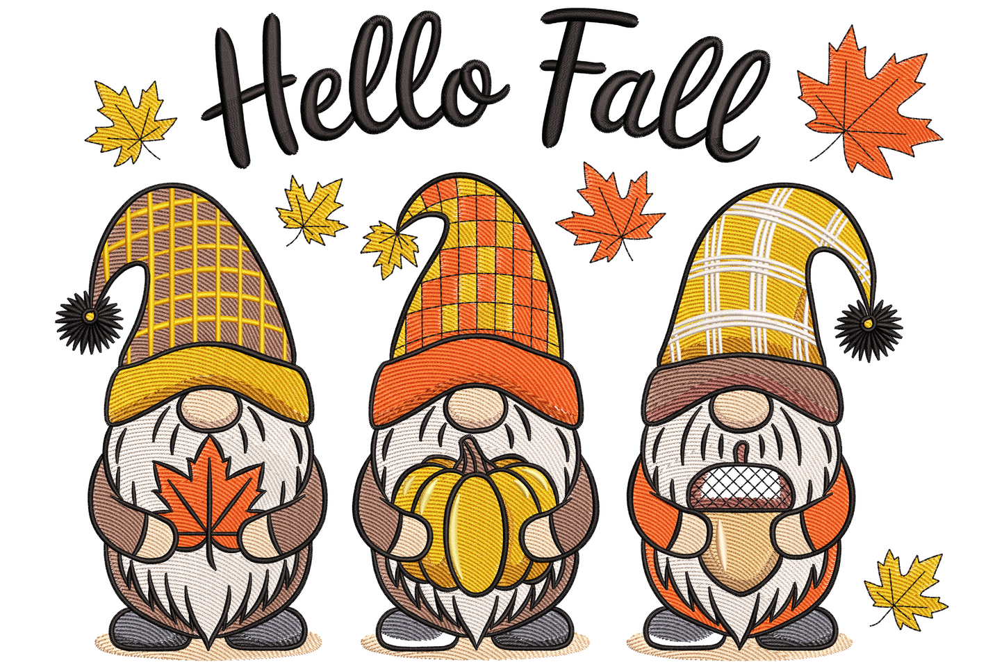 Hello Fall gnomes embroidery with two gnomes holding pumpkin and sunflowers, Hello Fall script lettering above, autumn leaves at base in 17 colours.