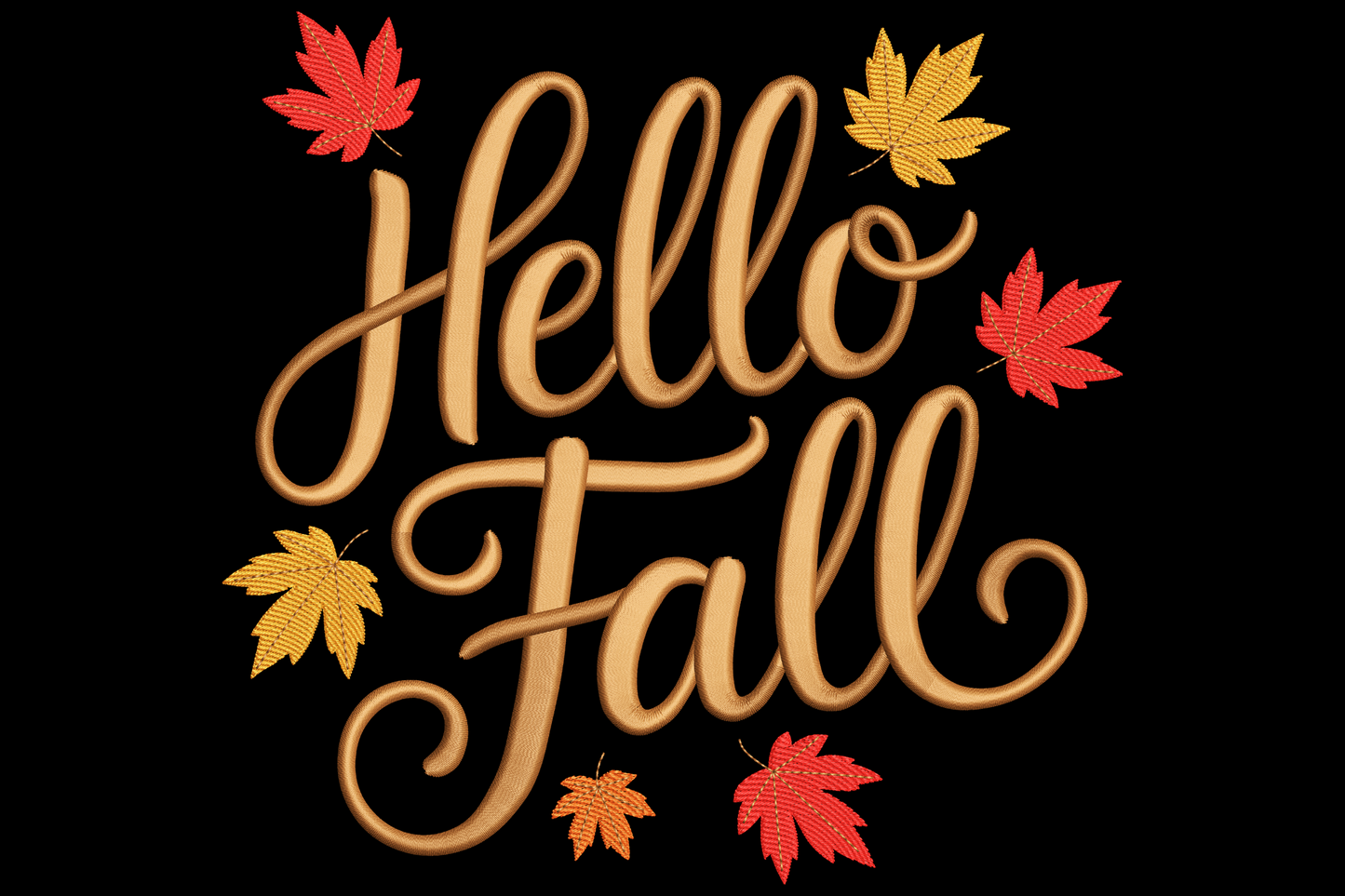 Hello Fall script lettering embroidery design with scattered red and orange maple leaves in warm brown calligraphy style.