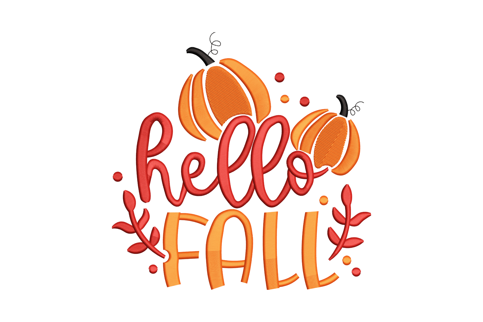 Hello fall pumpkin embroidery design with two stacked orange pumpkins, dark red hello script, bold orange FALL lettering and berry sprigs, 3 colours.