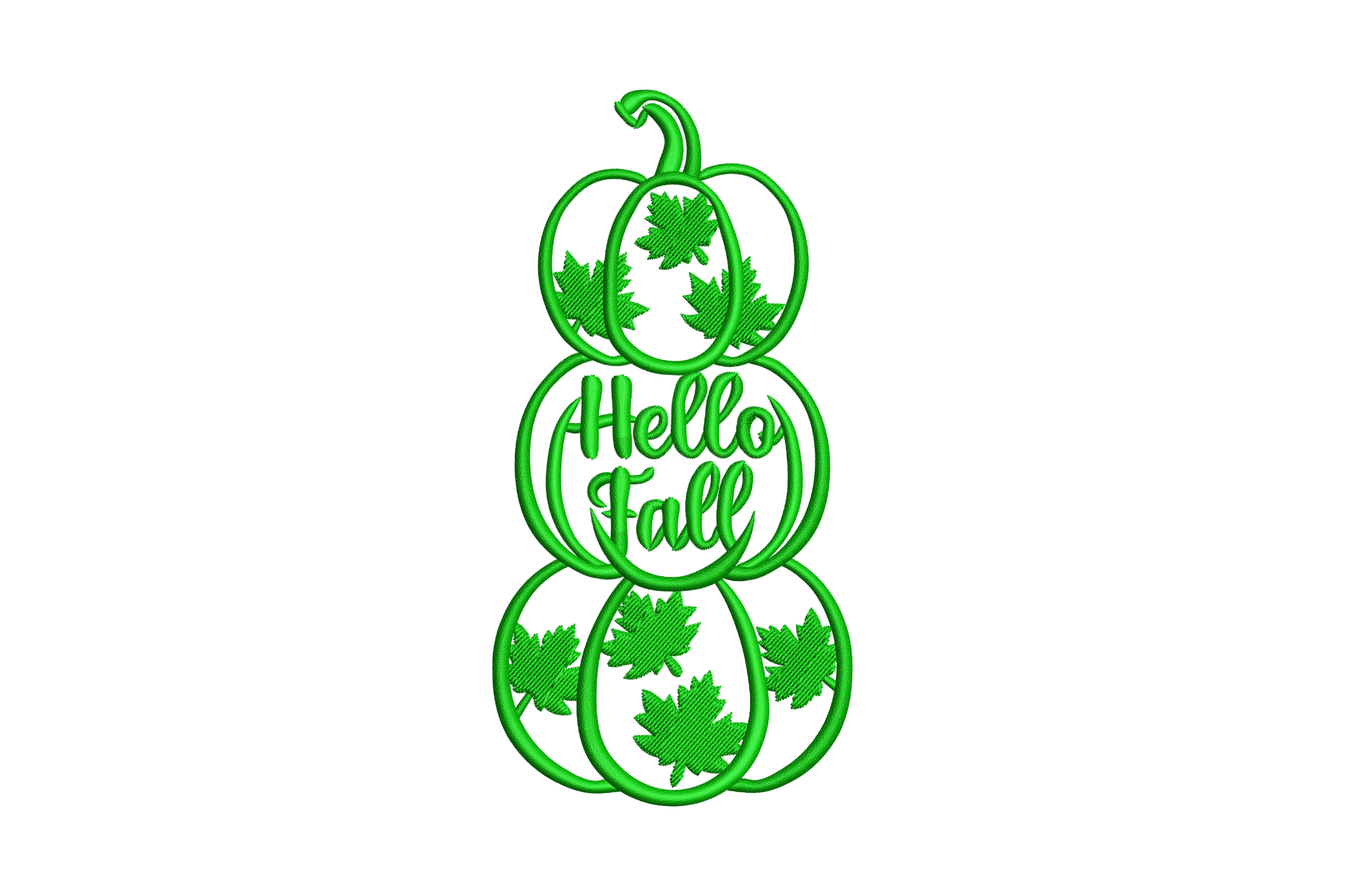 Hello Fall pumpkin stack embroidery design, chunky script above stacked pumpkins single colour on kraft pillow