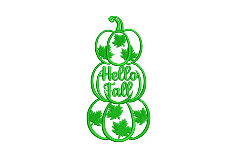Hello Fall pumpkin stack embroidery design, chunky script above stacked pumpkins single colour on kraft pillow