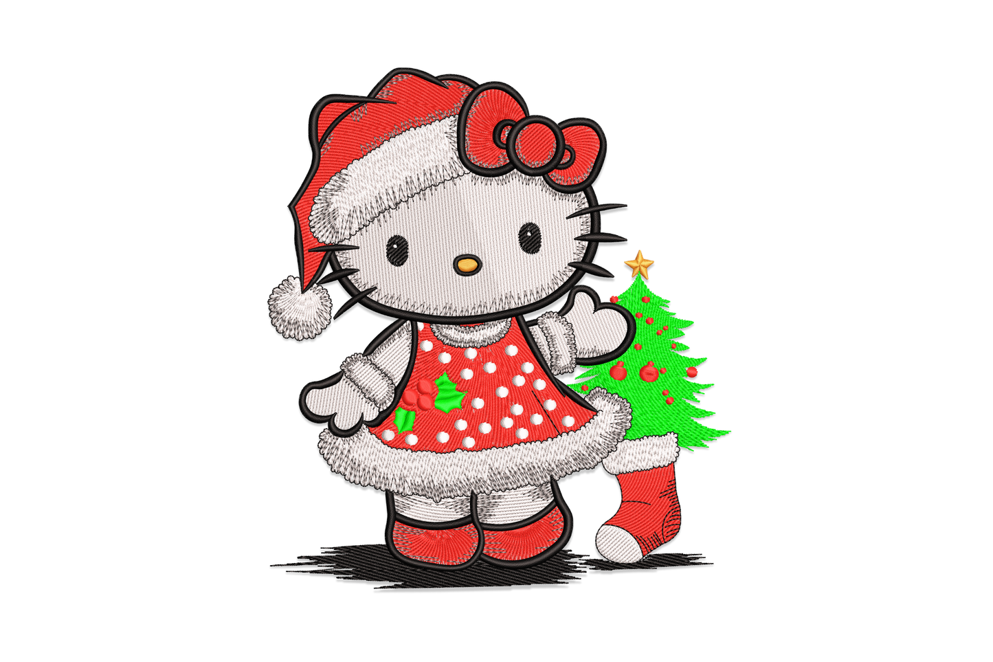 Hello Kitty Christmas embroidery design, round white cat face in a red Santa hat, 6-colour thread on pink fabric.