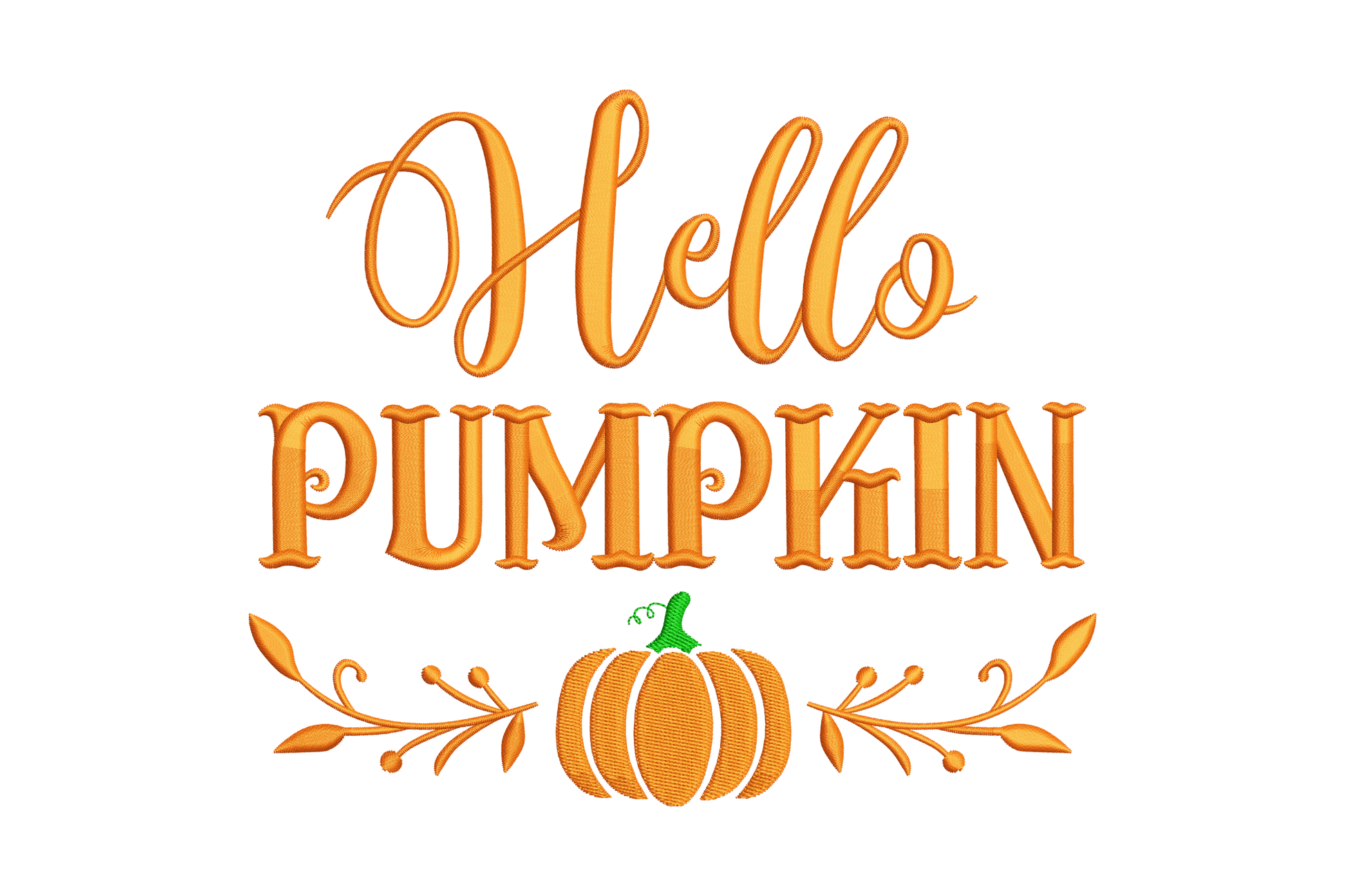 Hello Pumpkin fall embroidery design with hand-lettered script and illustrated ribbed pumpkin, 5 colours, 5 sizes from 3 to 6.4 inches for autumn shirts totes and pillows
