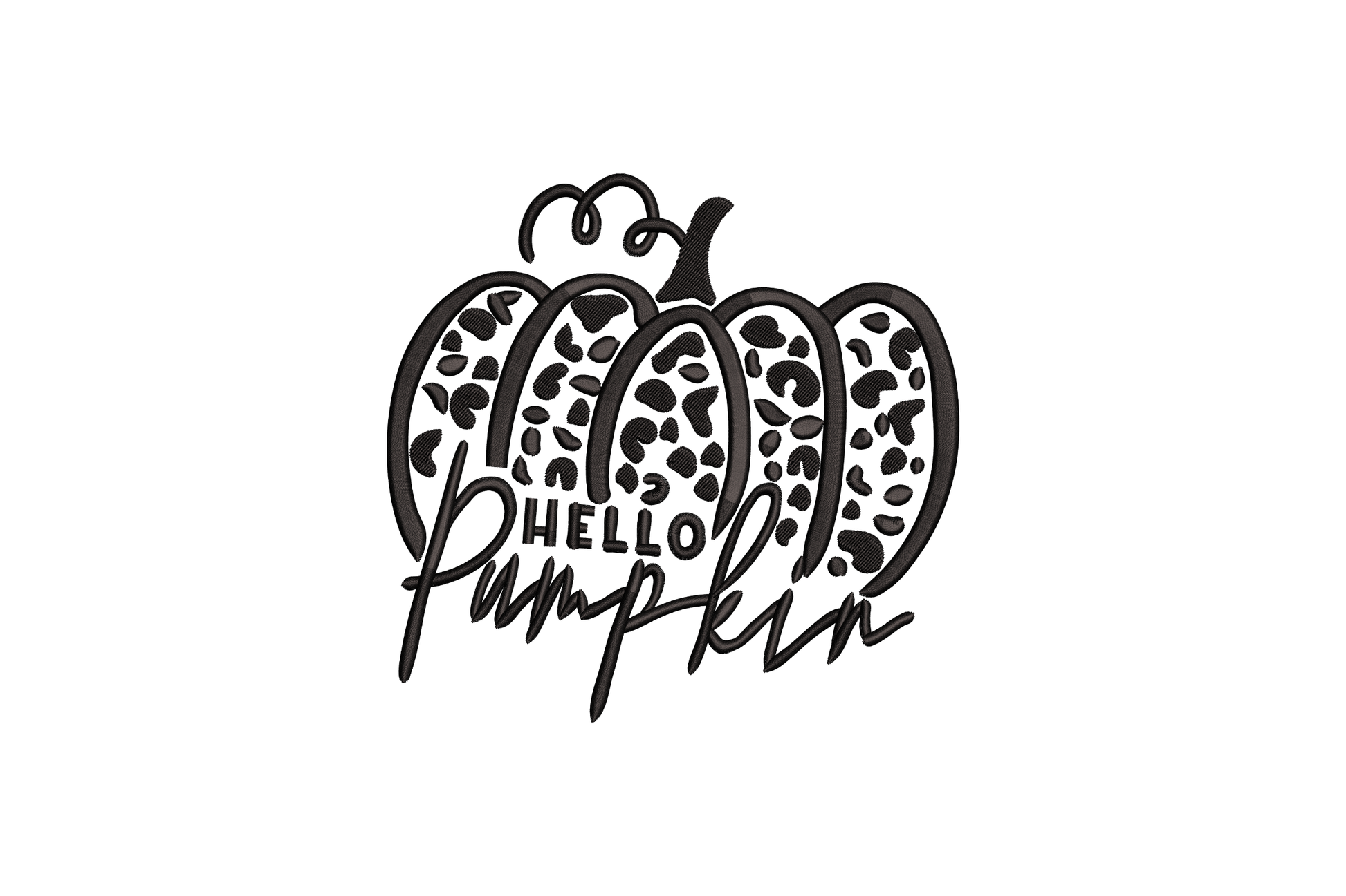 Pumpkin silhouette embroidery filled with leopard spot pattern and cursive Hello Pumpkin lettering across the lower body, single black colour.