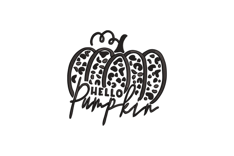 Pumpkin silhouette embroidery filled with leopard spot pattern and cursive Hello Pumpkin lettering across the lower body, single black colour.