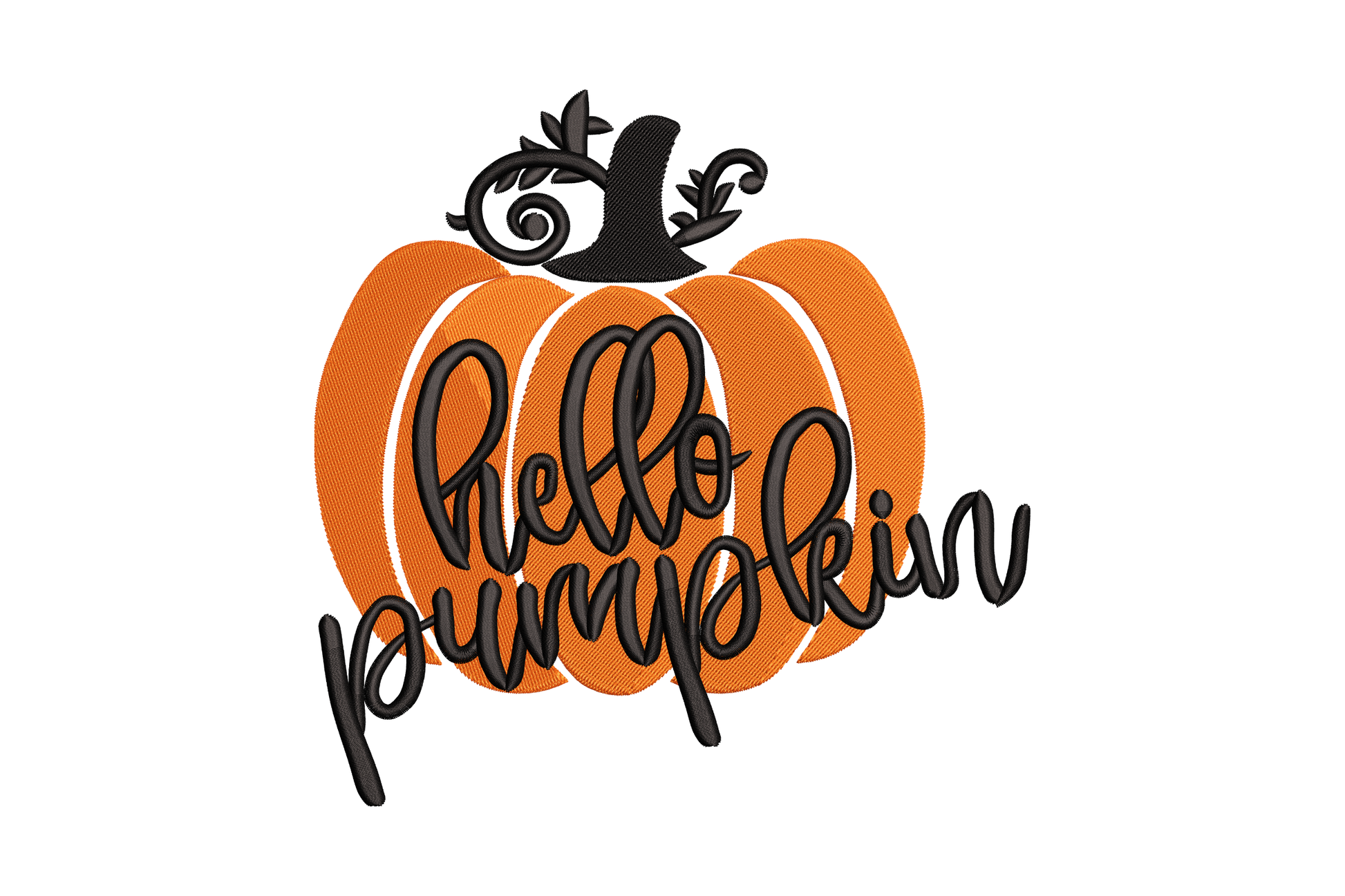 Hello pumpkin embroidery with orange ribbed pumpkin body, ornate black curly stem and bold black brush-script lettering.