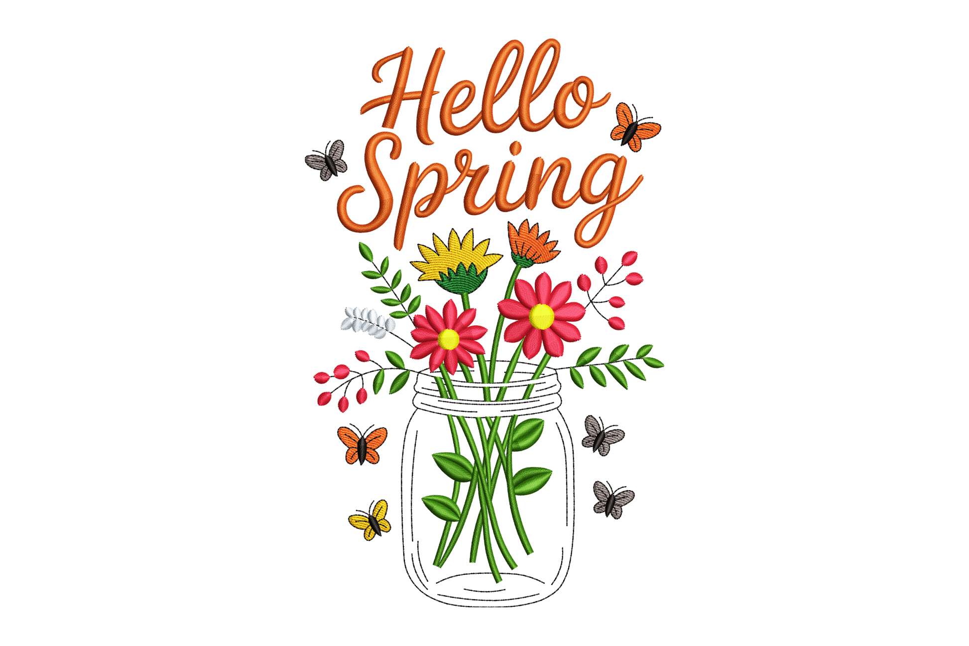 Illustration of a mason jar with flowers and 'Hello Spring' text on a white background