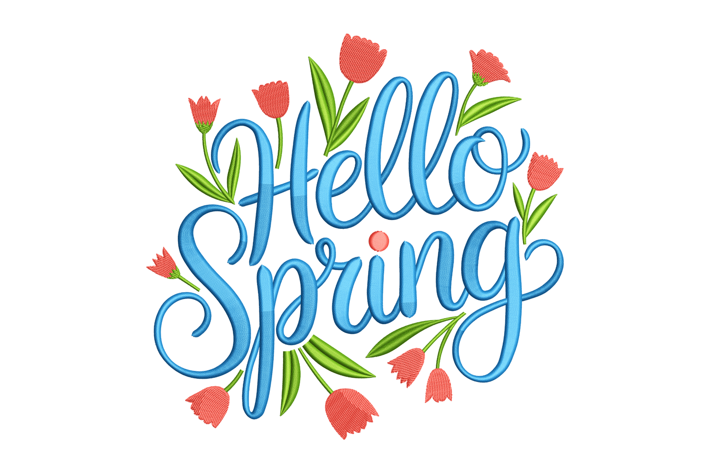 Text 'Hello Spring' with floral elements on a white background