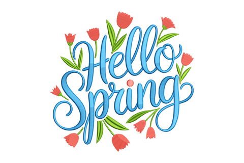 Text 'Hello Spring' with floral elements on a white background