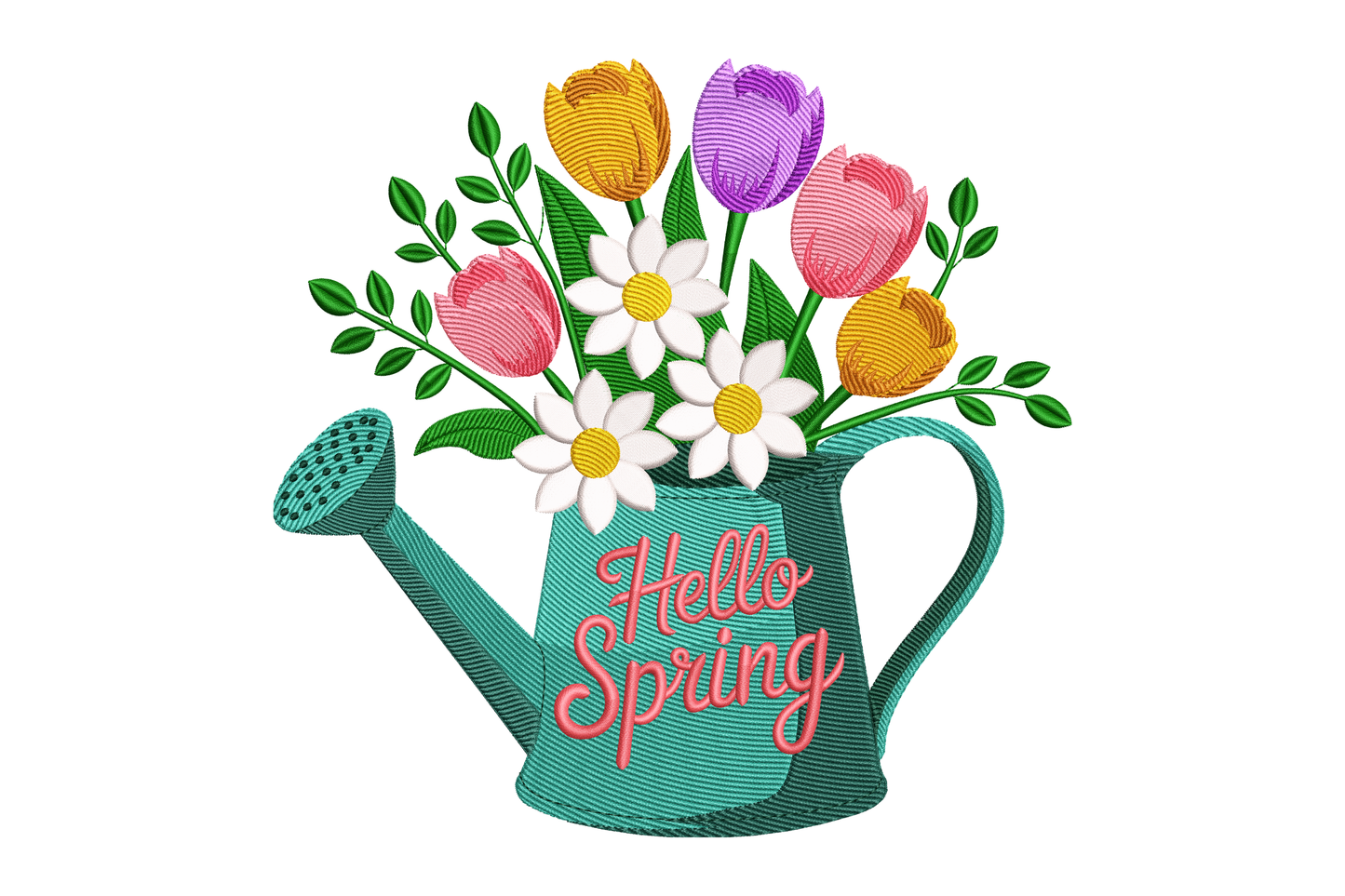 Embroidery design of a watering can with flowers and 'Hello Spring' text on a white background