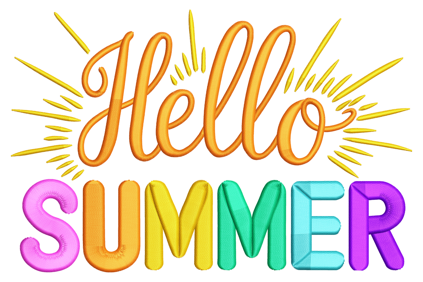 Hello Summer hand-lettered script embroidery design with sun, palm, and wave accents in coral, teal, and yellow on white background.