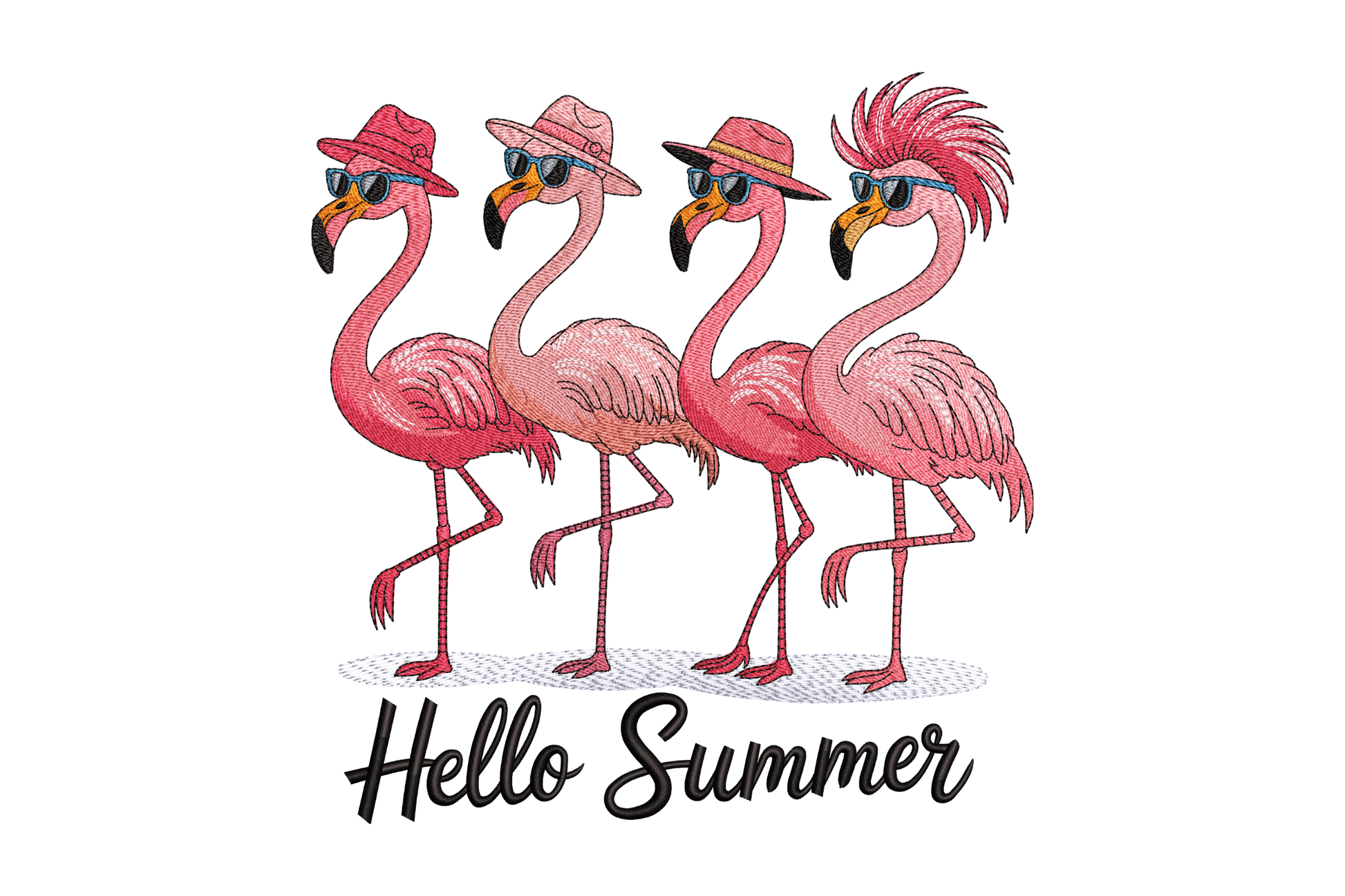 Four pink flamingos wearing hats and sunglasses with 'Hello Summer' text on a white background