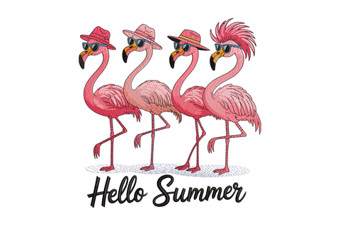 Four pink flamingos wearing hats and sunglasses with 'Hello Summer' text on a white background