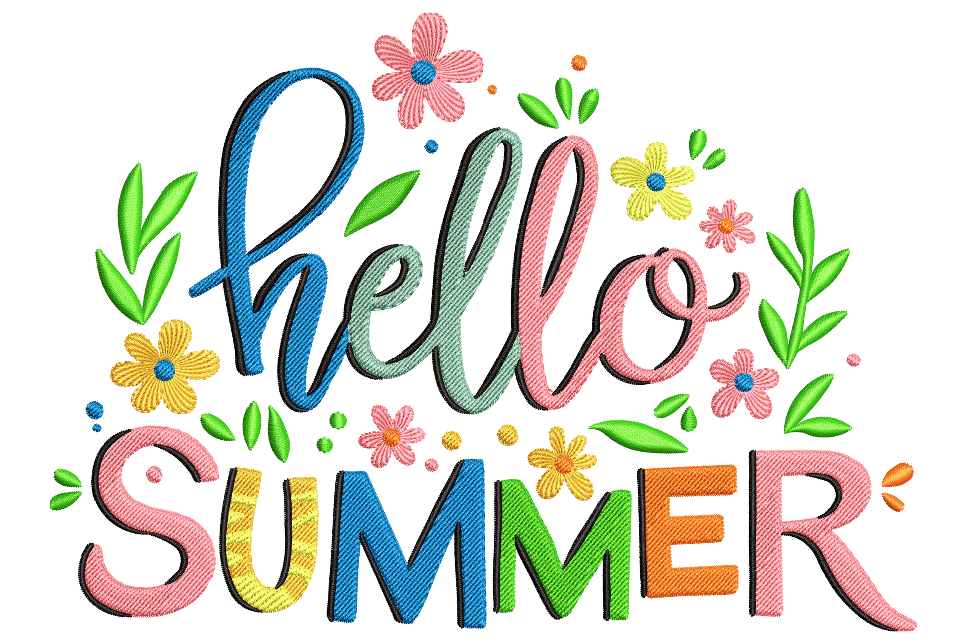 Hello Summer embroidery design with teal cursive script, coral and yellow block letters, daisies and green leaf sprigs