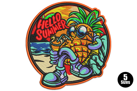 Hello Summer pineapple embroidery badge design showing a cartoon pineapple character in sneakers on a beach inside a circular orange-bordered patch.