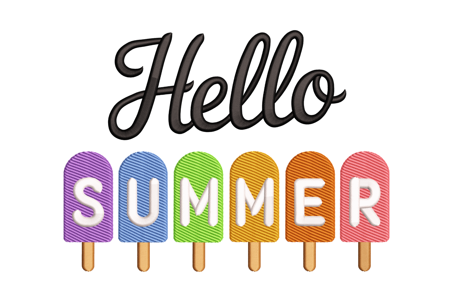 Colorful ice cream pops with 'Hello Summer' text on a white background