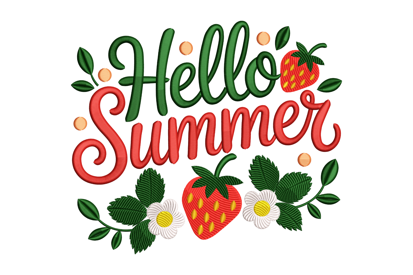 Text 'Hello Summer' with strawberries and flowers on a white background
