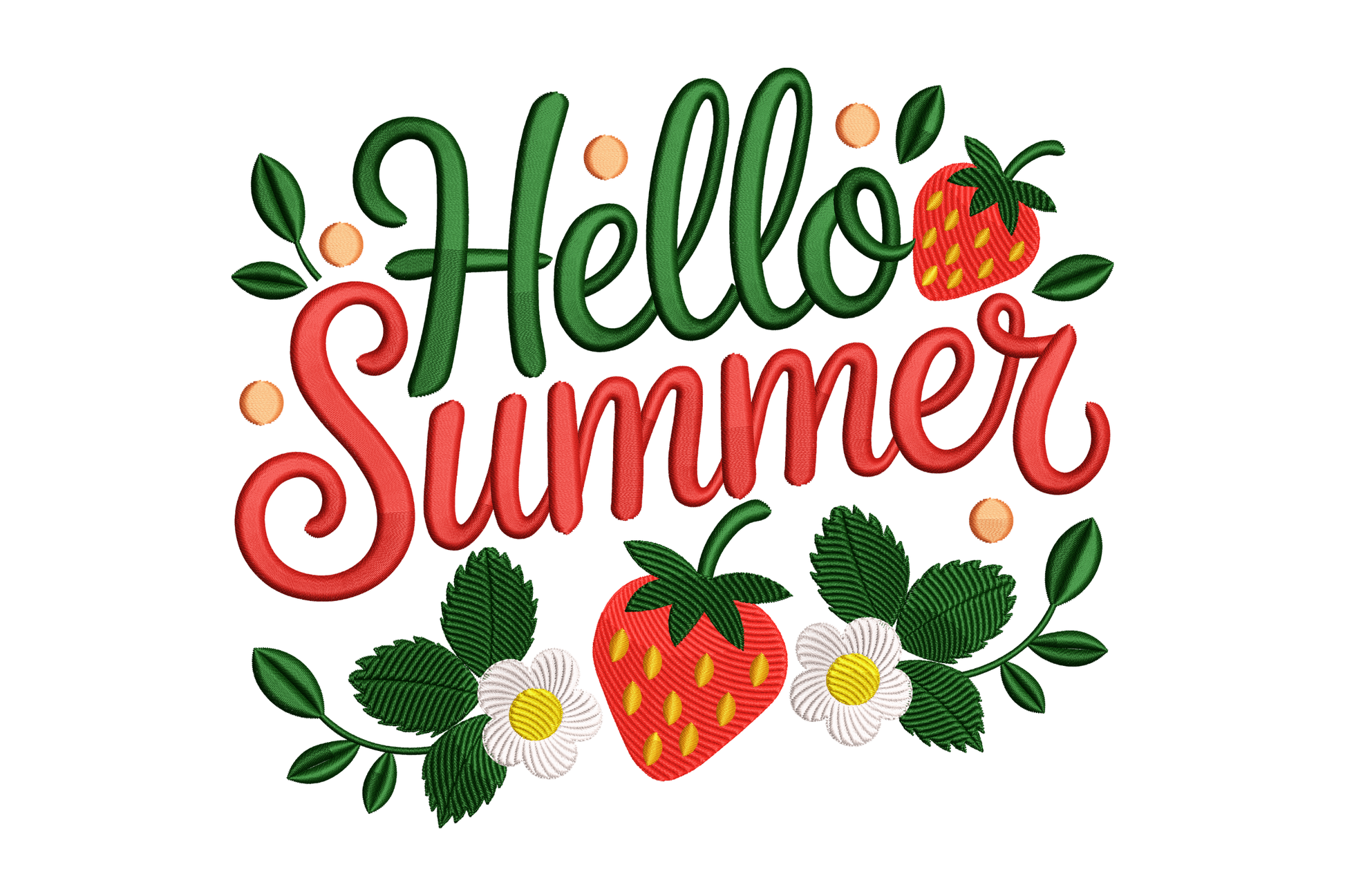 Text 'Hello Summer' with strawberries and flowers on a white background