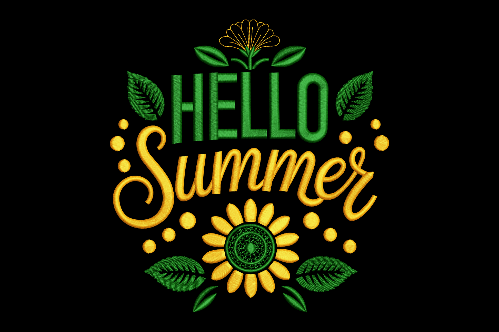 Decorative text 'Hello Summer' with floral elements on a black background