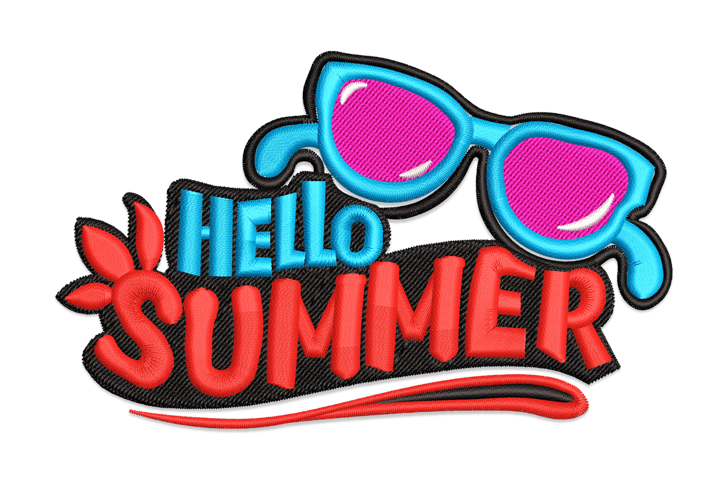 Hello Summer sunglass embroidery design with cat-eye sunglasses in sky blue and hot pink above bold red block letters, retro badge style.