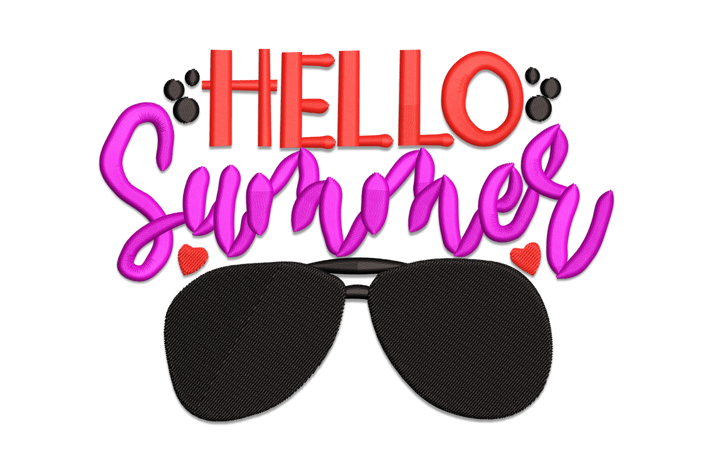 Machine embroidery design with HELLO in red block letters, Summer in pink cursive script, and large black aviator sunglasses below