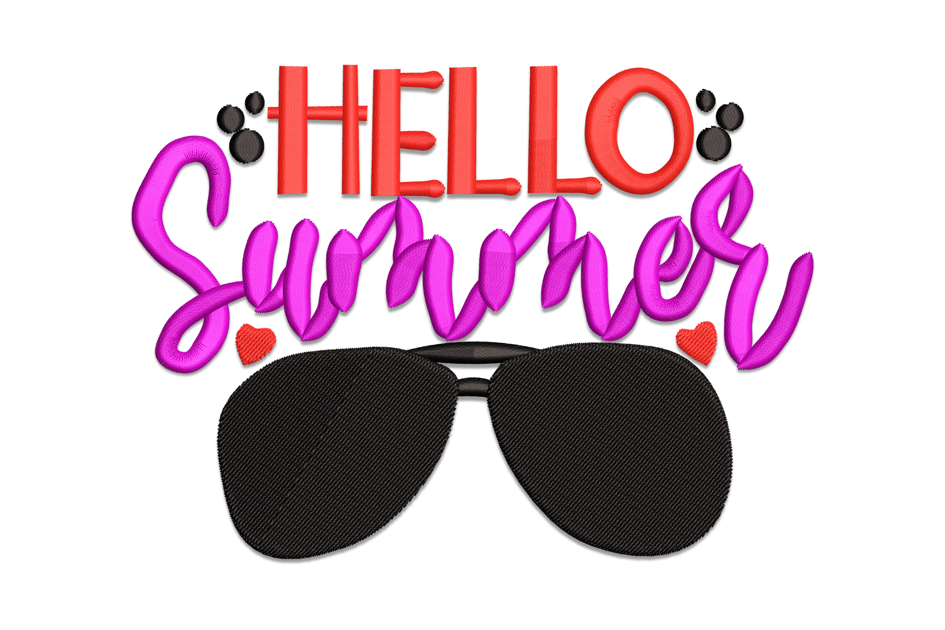 Machine embroidery design with HELLO in red block letters, Summer in pink cursive script, and large black aviator sunglasses below