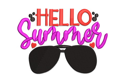 Machine embroidery design with HELLO in red block letters, Summer in pink cursive script, and large black aviator sunglasses below