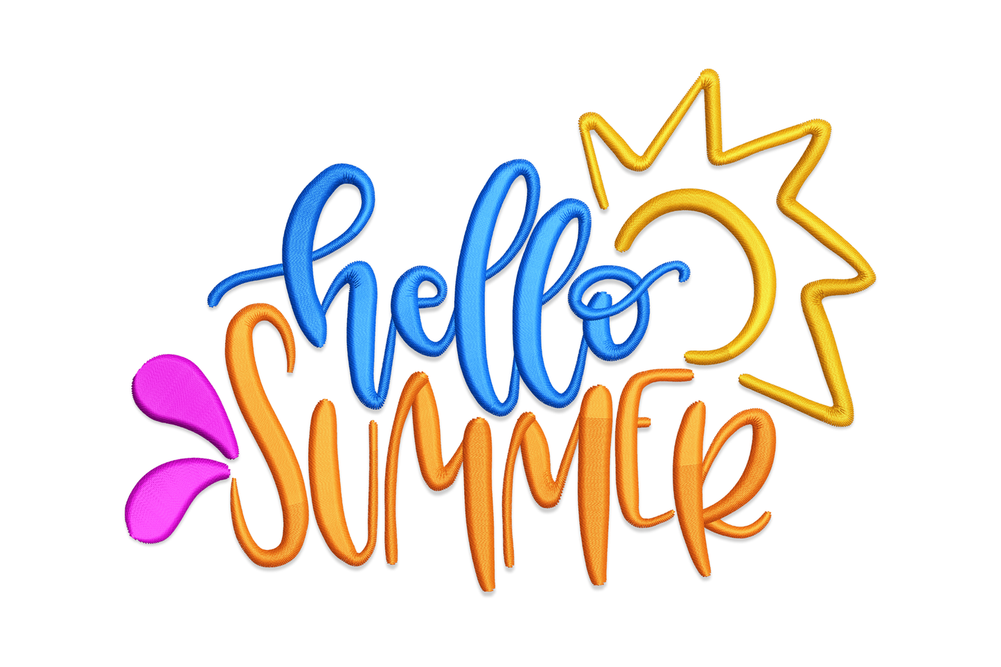 Hello Summer sunshine embroidery design with cobalt blue script, golden sun rays, orange brushstroke lettering and a purple leaf accent.