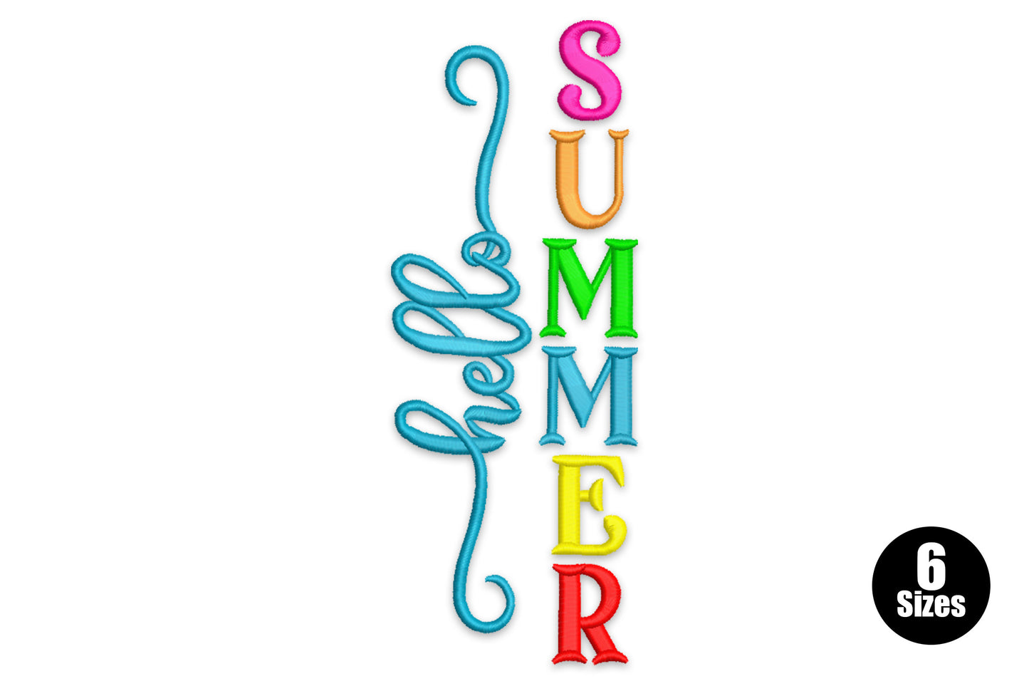 Hello Summer vertical word art, teal cursive hello beside stacked SUMMER in pink, orange, green, yellow and red.