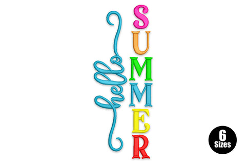 Hello Summer vertical word art, teal cursive hello beside stacked SUMMER in pink, orange, green, yellow and red.