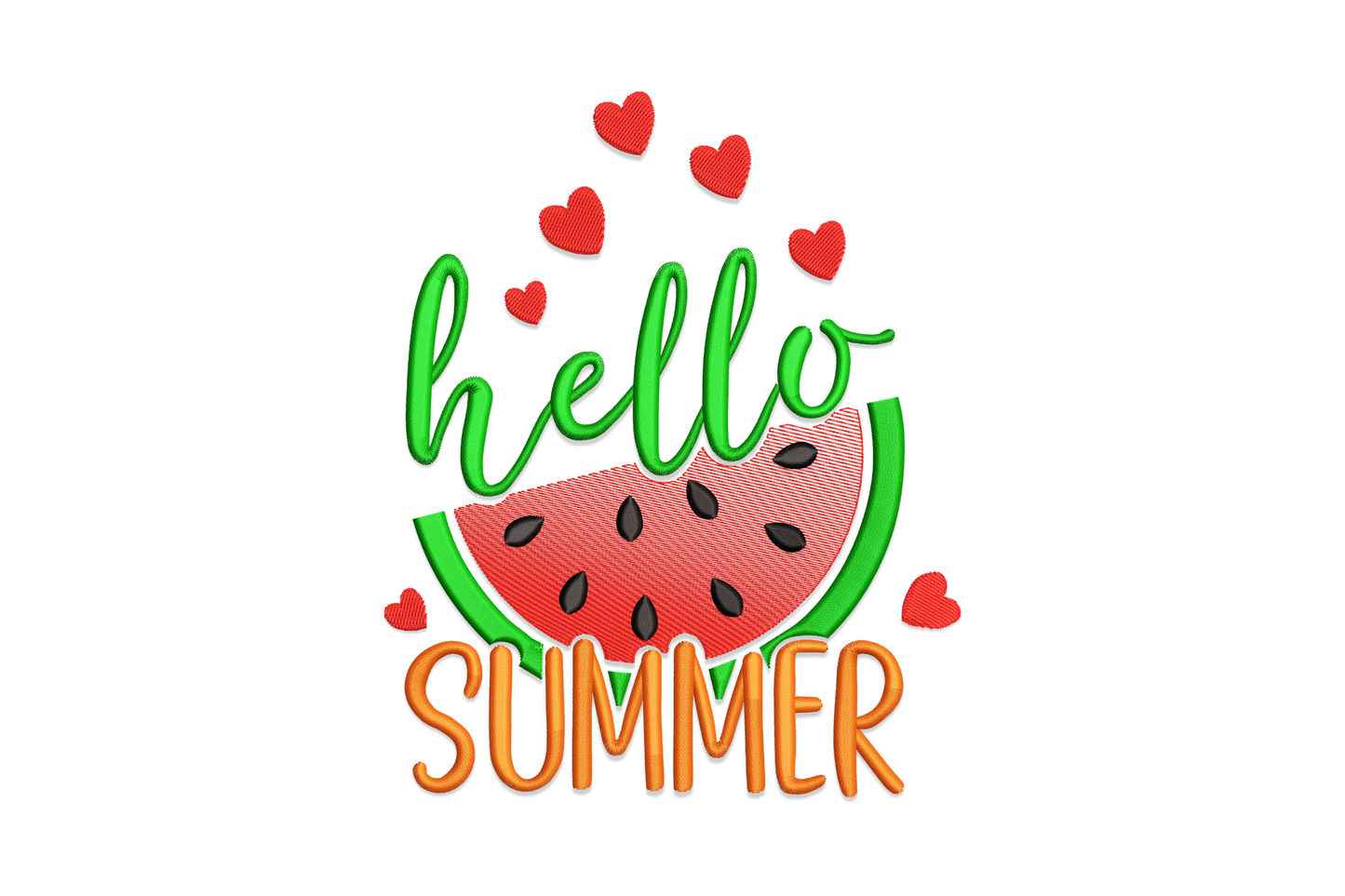 Hello Summer watermelon embroidery design with green script, red watermelon slice, orange block letters, and heart accents