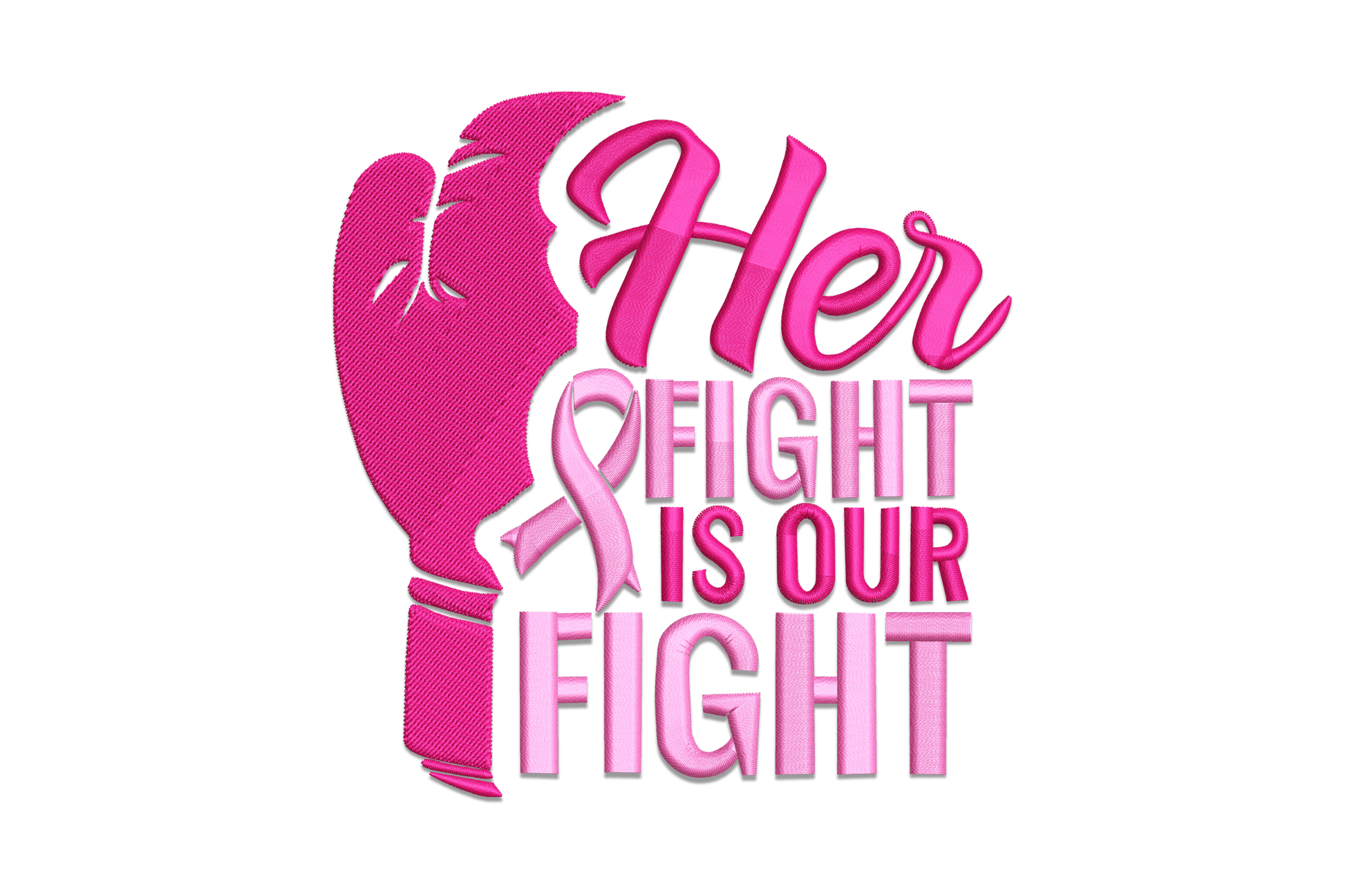 Her Fight Is Our Fight embroidery with hot magenta boxing glove and stacked pink awareness typography.