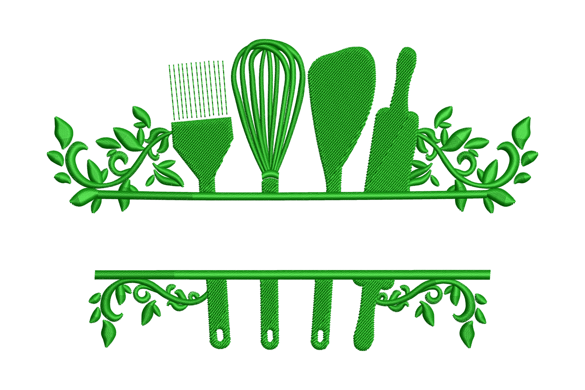 Herbal kitchen utensils embroidery in dark green thread, split shelf rack with pastry brush, whisk, spatula and rolling pin framed by curling herb leaf vines on cream background