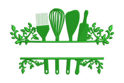 Herbal kitchen utensils embroidery in dark green thread, split shelf rack with pastry brush, whisk, spatula and rolling pin framed by curling herb leaf vines on cream background