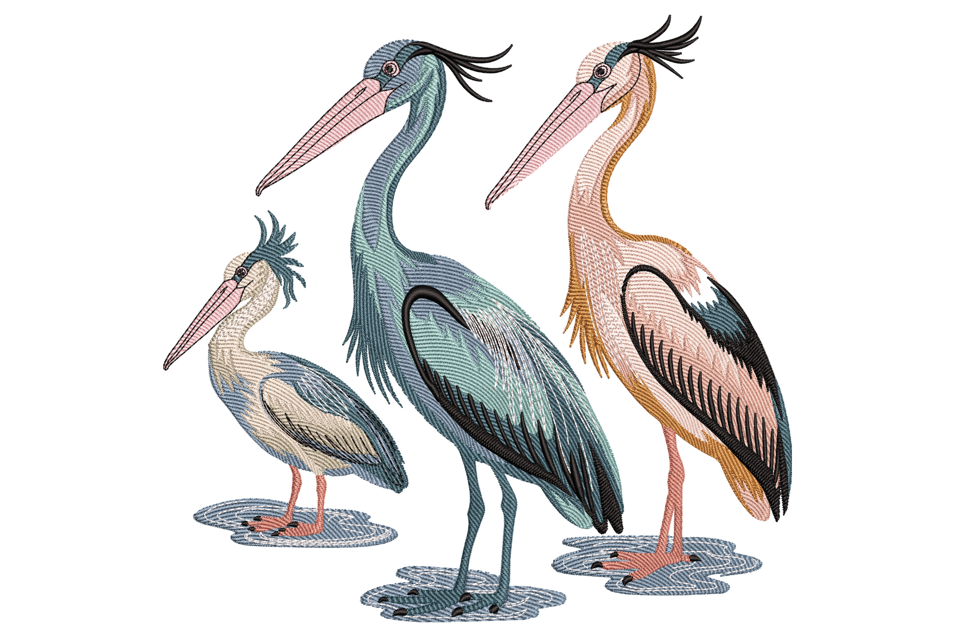 Three herons embroidery, tall teal blue adult, peach pink adult and small cream juvenile standing in shallow water