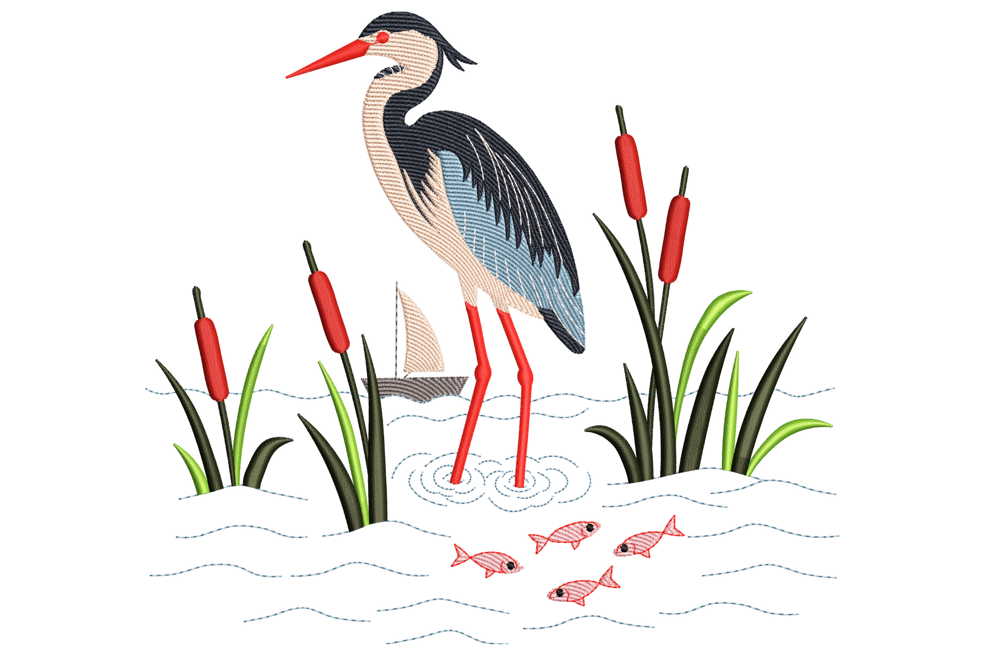 Heron in marshland embroidery with blue-grey feathers, red-orange beak, green cattails and small fish in the water below.