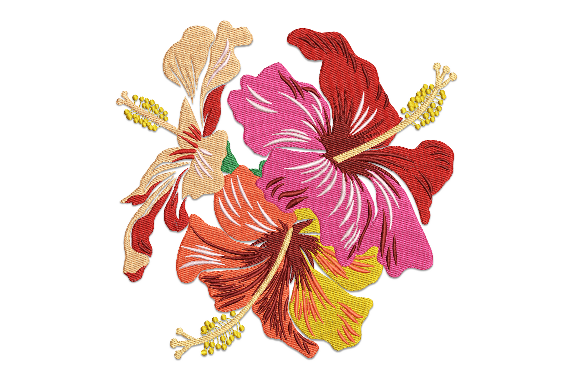 Hibiscus flower bouquet machine embroidery design showing three full fuchsia-pink hibiscus blooms with gold stamens, tropical green leaves and buds in a gathered botanical posy arrangement.