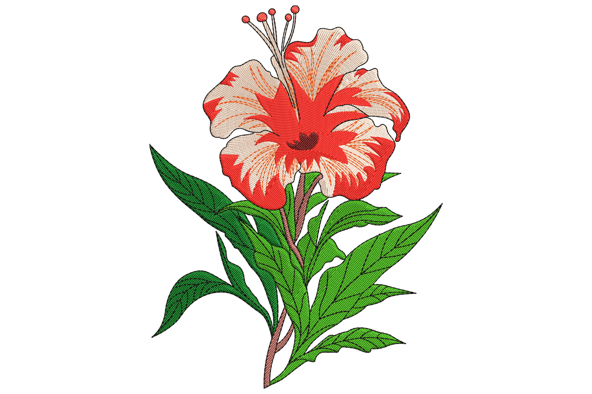 Hibiscus flower embroidery design with crimson bloom, forest green leaves, long stamens and dark stem on a botanical illustration style.