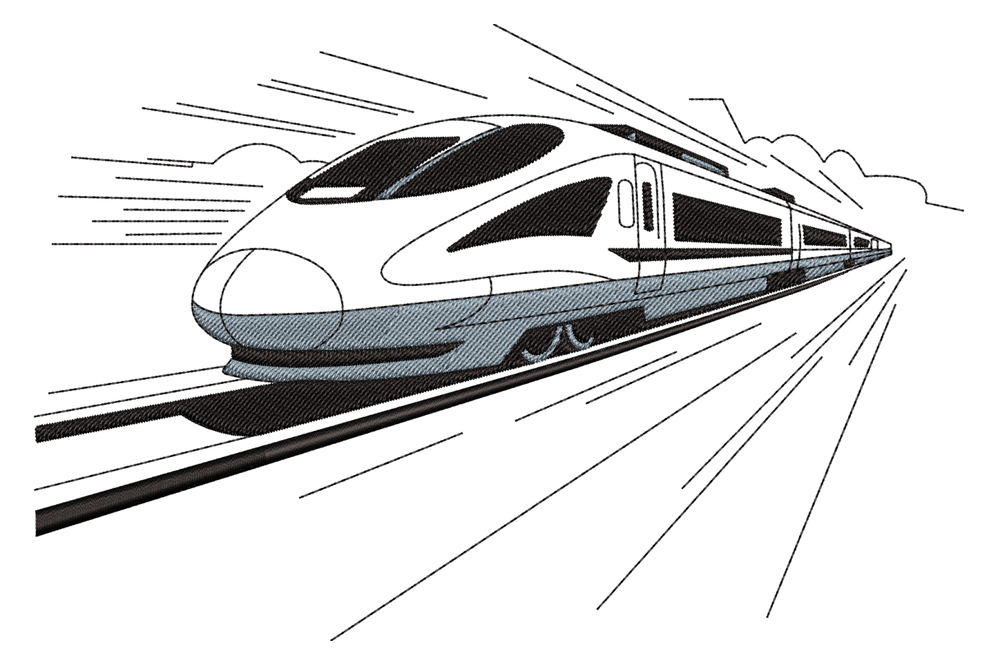 High speed bullet train embroidery design with long pointed nose motion lines and a low cloud horizon in line-drawing style.