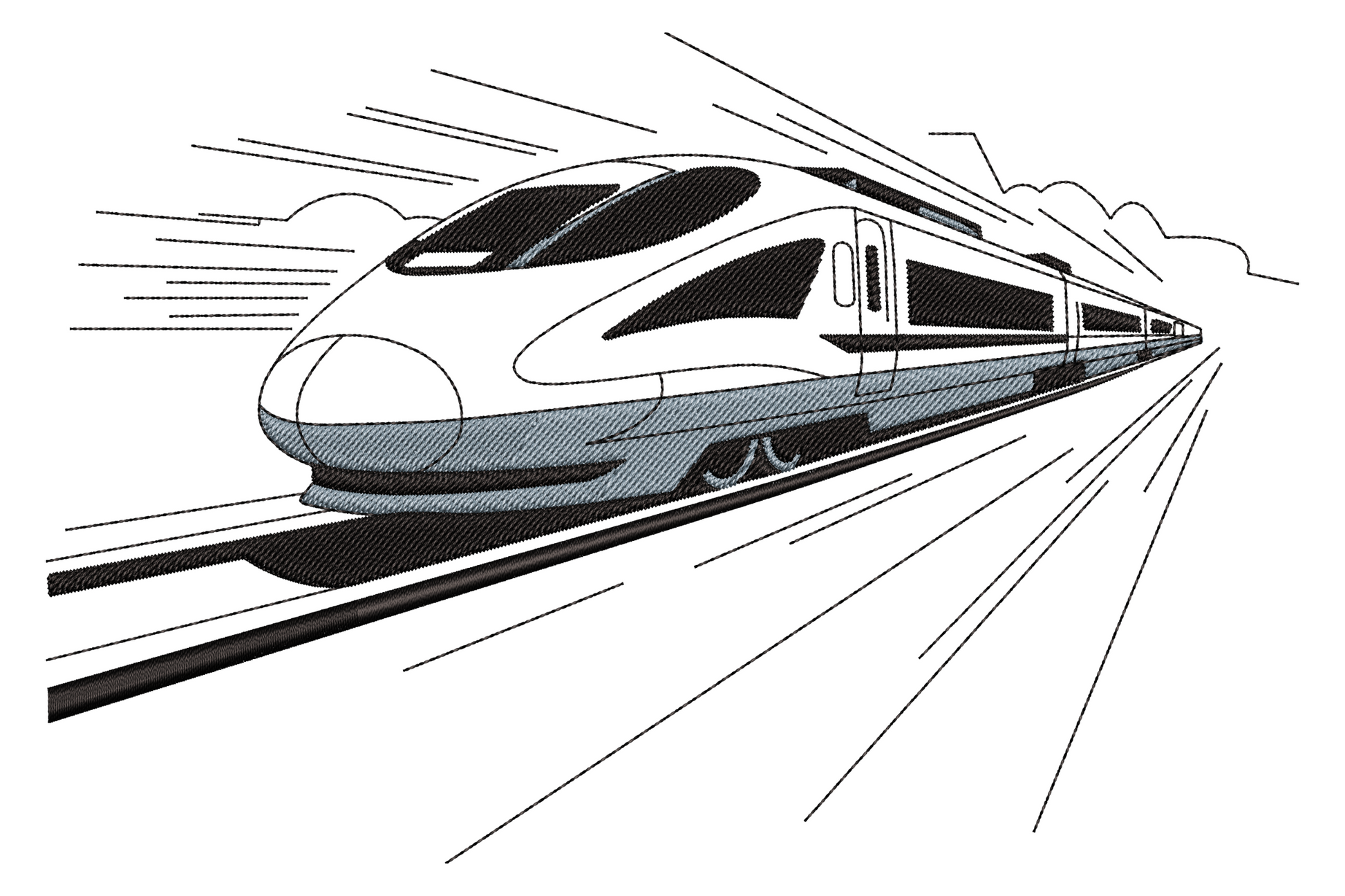 High speed bullet train embroidery design with long pointed nose motion lines and a low cloud horizon in line-drawing style.
