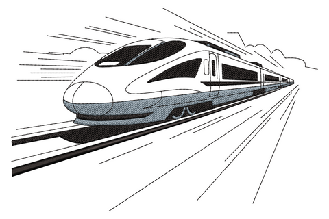 High speed bullet train embroidery design with long pointed nose motion lines and a low cloud horizon in line-drawing style.