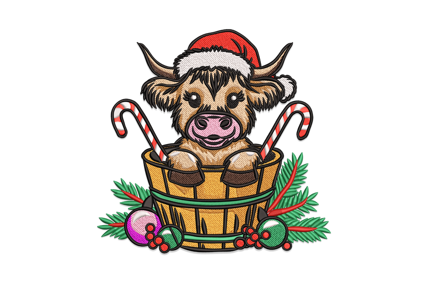 Highland cow Christmas embroidery design, fluffy calf in a barrel wearing a Santa hat, holding candy canes, pine branches and baubles below.