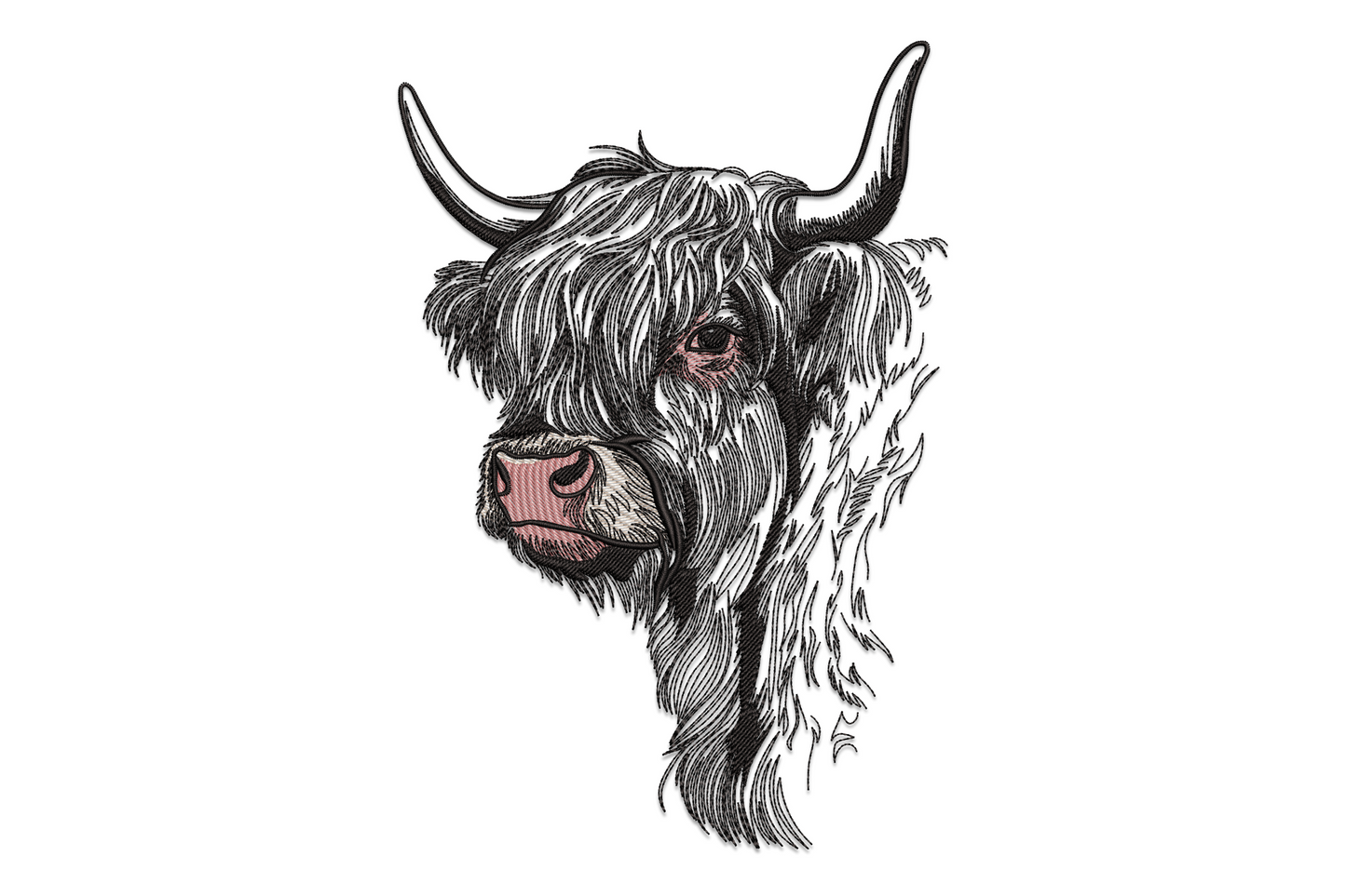 Shaggy highland cow head embroidery design on oat linen tote bag, chestnut fur with cream horns and black nose.