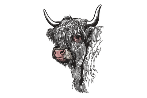 Shaggy highland cow head embroidery design on oat linen tote bag, chestnut fur with cream horns and black nose.