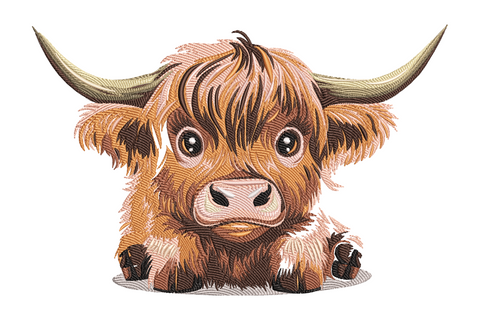 Highland cow embroidery design, shaggy tawny coat with long fringe over face, thirteen earth-tone threads, folk-art style on white background.
