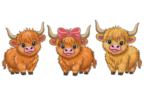 Three shaggy highland cows embroidery design in 15 thread colours on cream fabric with fluffy fur fringe detail