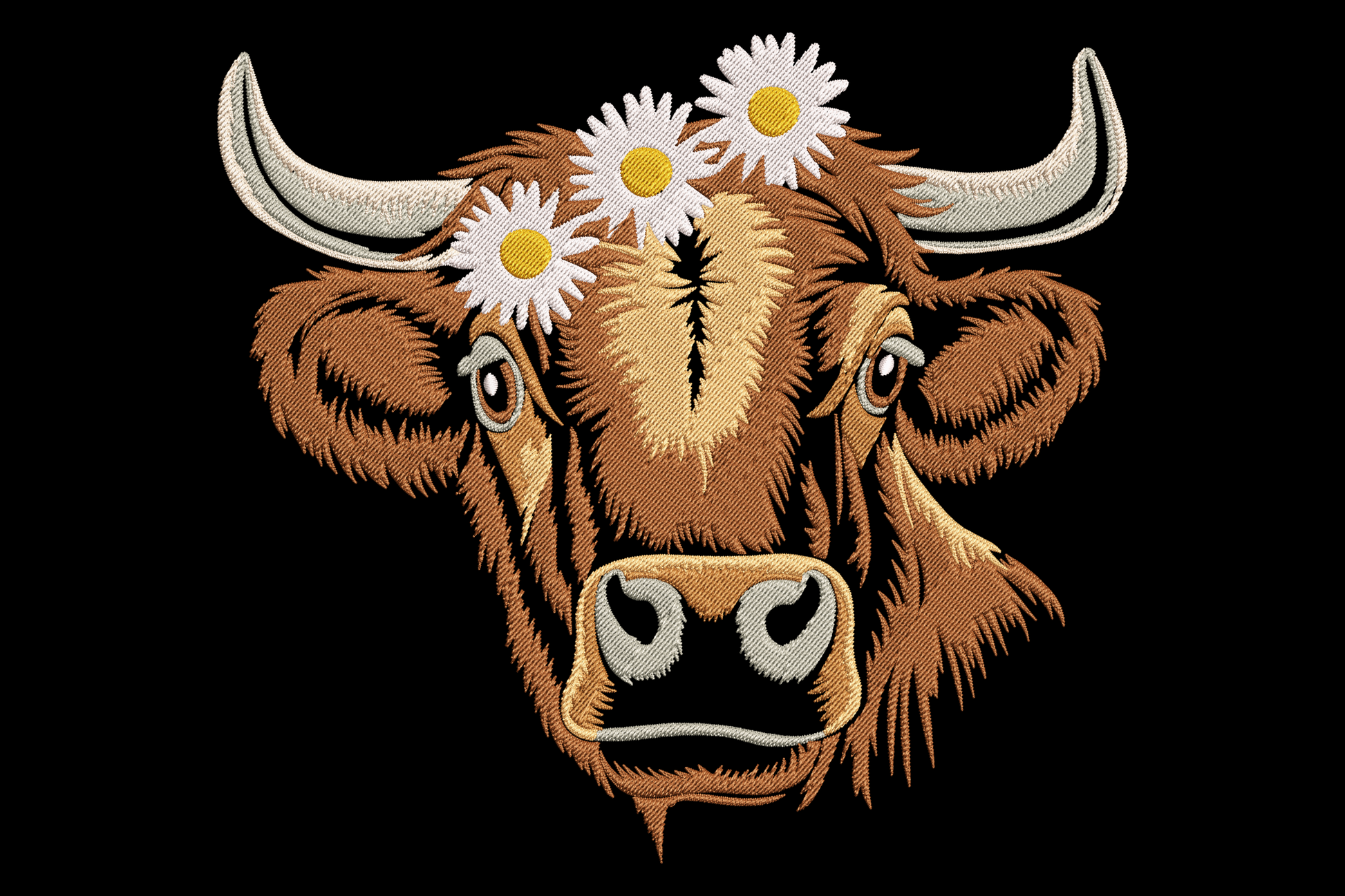 Highland cow embroidery front-facing with shaggy auburn fringe, daisy flower crown, dark eyes and short horns in 7 colours.