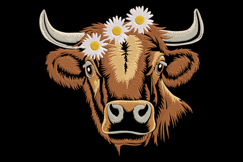 Highland cow embroidery front-facing with shaggy auburn fringe, daisy flower crown, dark eyes and short horns in 7 colours.