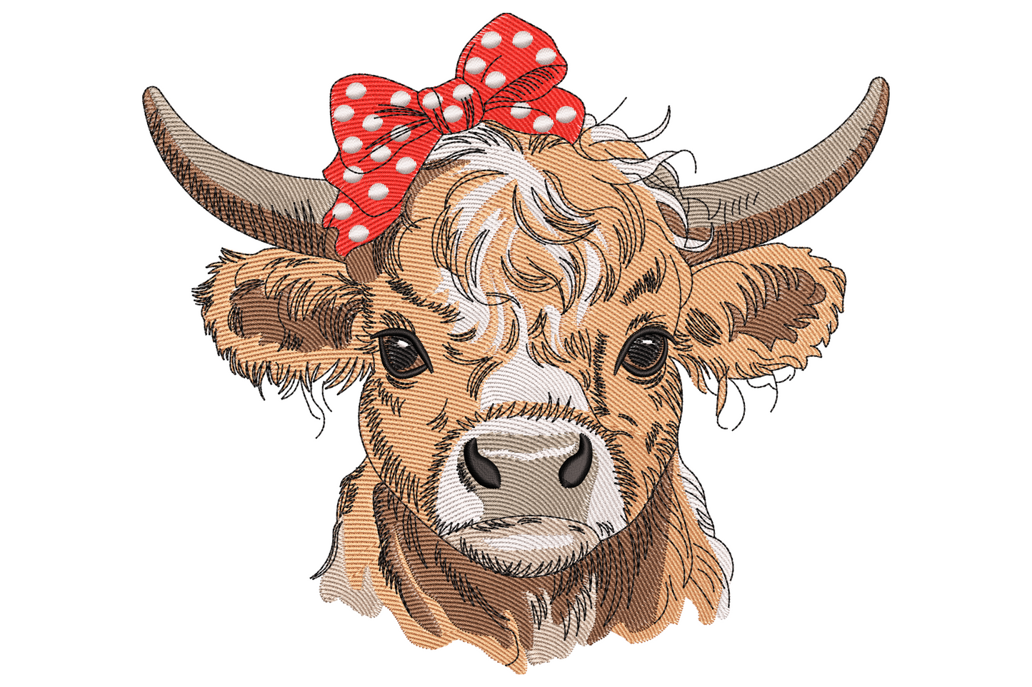 Shaggy rust highland cow face embroidery with long fringe over eyes, cream curved horns, pink gingham bow perched between horns in farmhouse style.
