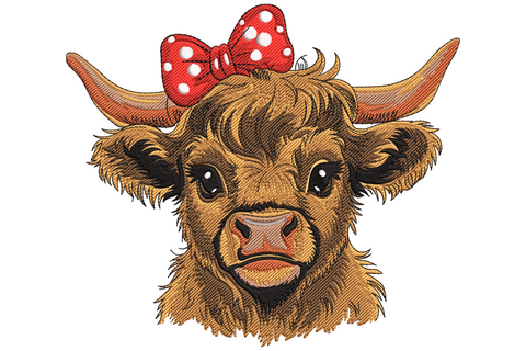 Highland cow with red polka-dot bow embroidery design, shaggy tan and brown fur portrait with wide horns and dark eyes.
